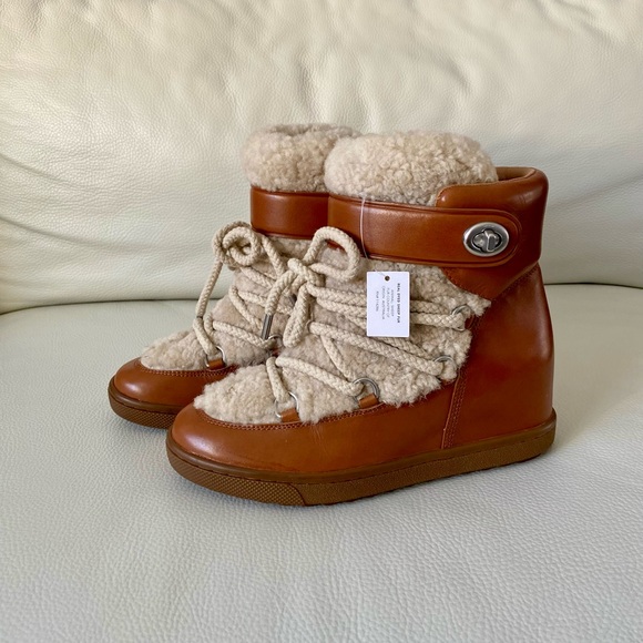Coach Monroe Shearling Lace Up Wedge Booties, Saddle/Natural - Picture 2 of 10
